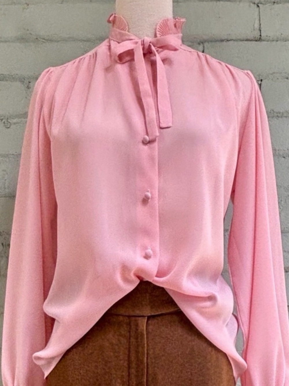 Vintage Ruffle Neck Blouse and Bow Tie in Pastel Pink